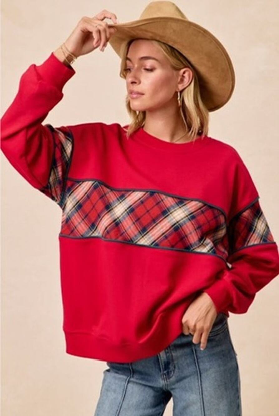 B1032. BiBi Red Classic Holiday Binded Plaid Block Crewneck NWT
